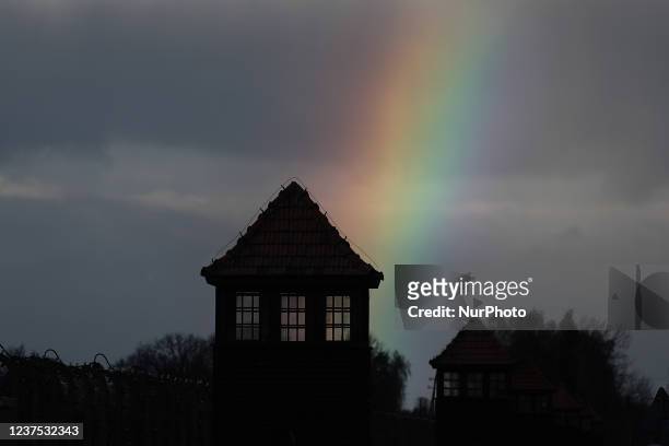 Rainbow is seen above the former Nazi German concentration camp Auschwitz II-Birkenau in Brzezinka near Oswiecim, Poland on January 3, 2022.