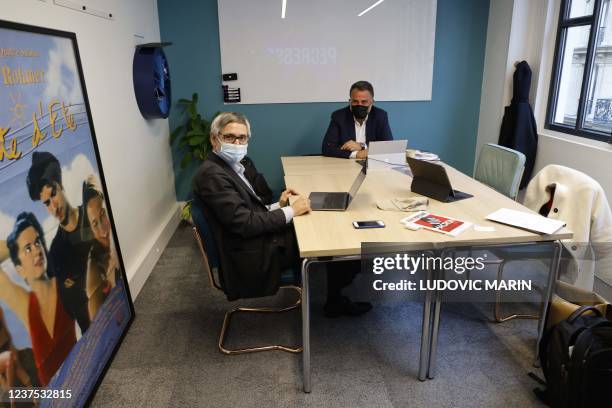 Frederic Lemoine , in charge of Valerie Pecresse's presidentiel projects, poses with LR Vincent Chriqui in an office on the day of the inauguration...