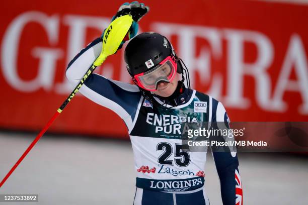 Charlie Guest of Great Britain celebrates in the finish area after her 2nd run of the Audi FIS Ski World Snow Queen Trophy Woman's Salom on January...