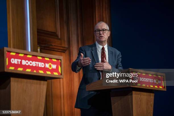 Chief Scientific Adviser, Sir Patrick Vallance, gestures during a coronavirus briefing at Downing Street on January 4, 2022 in London, England. The...