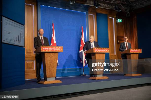 Chief Medical Officer, Professor Sir Chris Whitty, Prime Minister Boris Johnson and Chief Scientific Adviser, Sir Patrick Vallance, attend a...