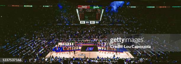 Overall view of the 1997 All Star Basketball court with the top 50 players during the 1997 All-Star Game on February 9, 1997 at Gund Arena in...