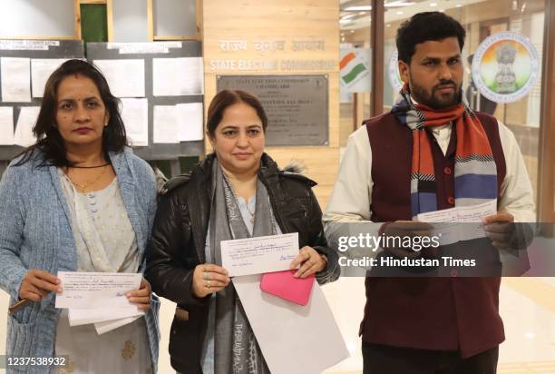 Aam Aadmi Candidate candidates Anju katyal , Prem lata and Ram Chander yadav file nomination at Municipal Corporation Office on January 4, 2022 in...