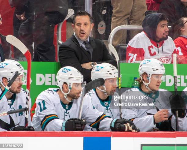 Head Coach Bob Boughner of the San Jose Sharks talks to his bench during the second period of an NHL game against the Detroit Red Wings at Little...