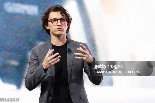 English actor Tom Holland speaks during the Sony press conference ahead of the Consumer Electronics Show on January 4, 2022 in Las Vegas, Nevada. -...