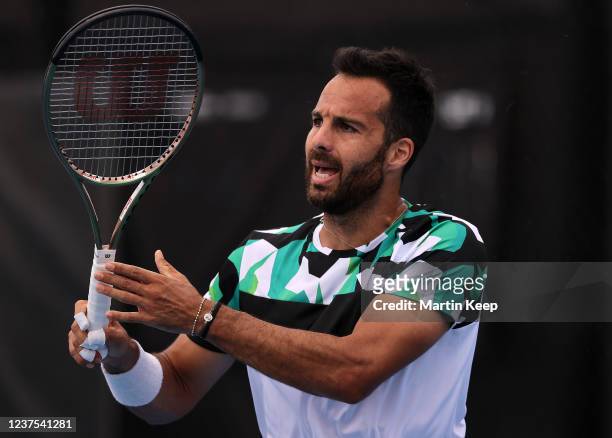 Salvatore Caruso of Italy reacts during his men's singles round of 32 match against Alexandre Muller of France during day four of the 2022 Bendigo...