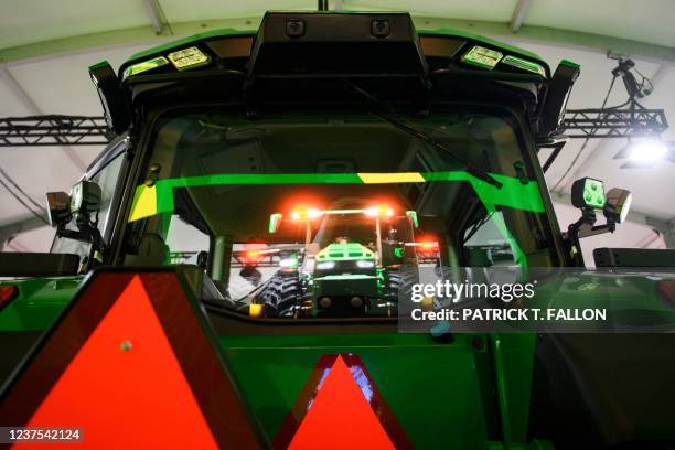 Rear cameras on the Deer & Co. John Deere 8R fully autonomous tractor displayed ahead of the Consumer Electronics Show on January 4, 2022 in Las...