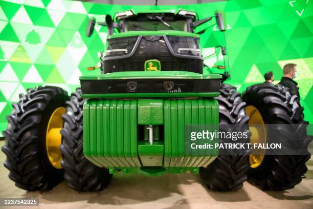 Front cameras on the Deer & Co. John Deere 8R fully autonomous tractor displayed ahead of the Consumer Electronics Show on January 4, 2022 in Las...