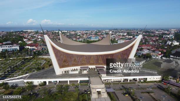 Aerial view of the Sumatera Barat Great Mosque in Padang, West Sumatera, Indonesia on January 5, 2021. Seven mosques have been awarded as the best...
