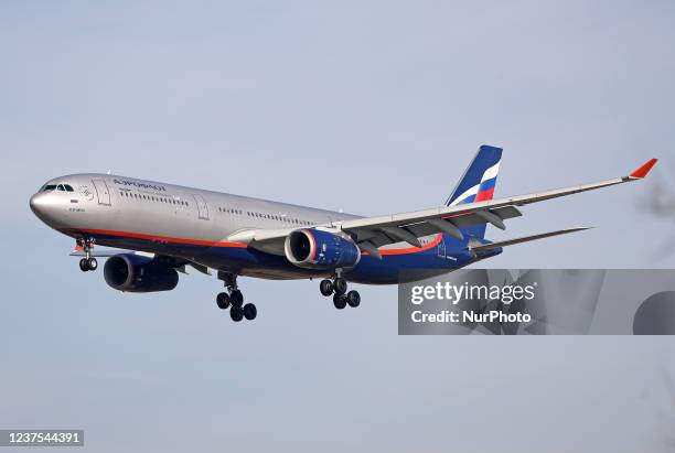 Airbus A330-200 aircraft, of the Aeroflot company, getting ready to land at Barcelona airport, in Barcelona on January 2022. --