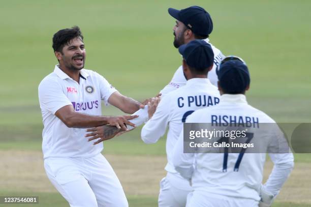 Shardul Thakur of India celebrates the wicket of Aiden Markram of the Proteas during day 3 of the 2nd Betway WTC Test match between South Africa and...