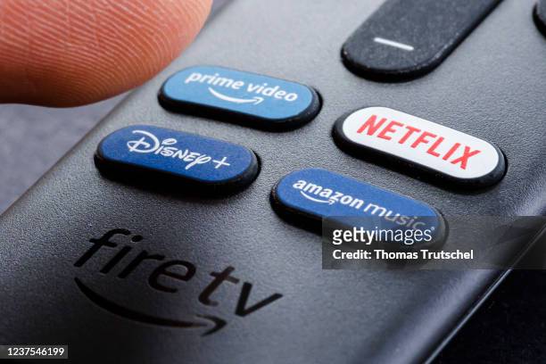 The remote control of an Amazon fire TV stick is pictured on January 05, 2022 in Berlin, Germany.