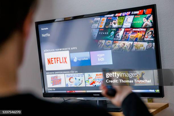 The logo of the streaming service Netflix can be seen on a television on January 05, 2022 in Berlin, Germany.