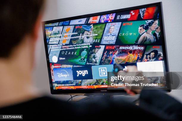 The logo of the streaming services Disney+ and Joyn can be seen on a television on January 05, 2022 in Berlin, Germany.