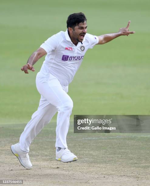 Shardul Thakur of India celebrates the wicket of Aiden Markram of the Proteas during day 3 of the 2nd Betway WTC Test match between South Africa and...