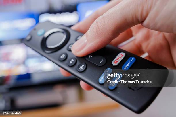 The remote control of an Amazon fire TV stick is pictured on January 05, 2022 in Berlin, Germany.