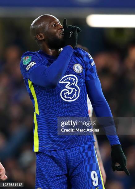 Romelu Lukaku of Chelsea reacts after their 2nd goal during the Carabao Cup Semi Final First Leg match between Chelsea and Tottenham Hotspur at...