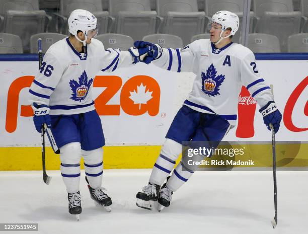 Joey Anderson comes together with Joseph Blandisi, after Anderson nets his 2nd goal of the day. Toronto Marlies vs Utica Comets during 3rd period...