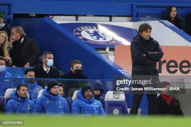 Antonio Conte the head coach / manager of Tottenham Hotspur looks on during the Carabao Cup Semi Final First Leg match between Chelsea and Tottenham...