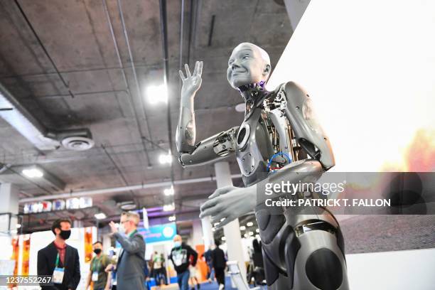 The Engineered Arts Ameca humanoid robot with artificial intelligence gestures as it is demonstrated during the Consumer Electronics Show on January...