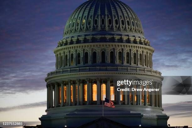 View of the U.S. Capitol at sunset on January 5, 2022 in Washington, DC. Congress is preparing to mark the one year anniversary of the January 6...