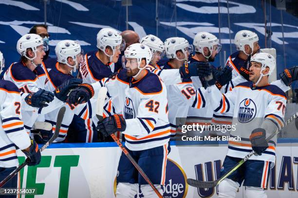 Brendan Perlini of the Edmonton Oilers celebrates his goal against the Toronto Maple Leafs during the first period at the Scotiabank Arena on January...