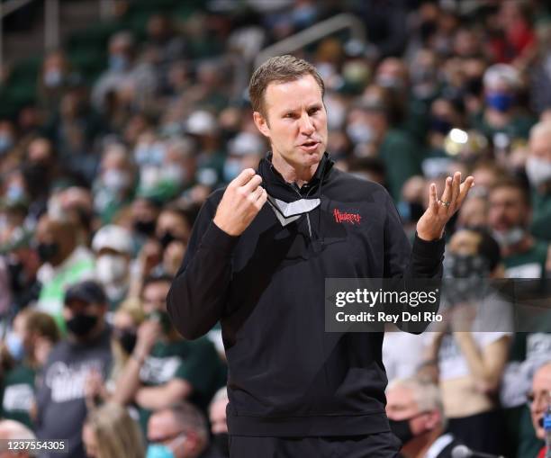 Head coach Fred Hoiberg of the Nebraska Cornhuskers reacts in the first half of the game against Michigan State Spartans at Breslin Center on January...