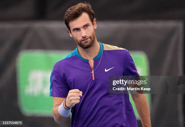 Quentin Halys of France celebrates during his men's singles round of 16 match against Mathias Bourgue of France during day five of the 2022 Bendigo...