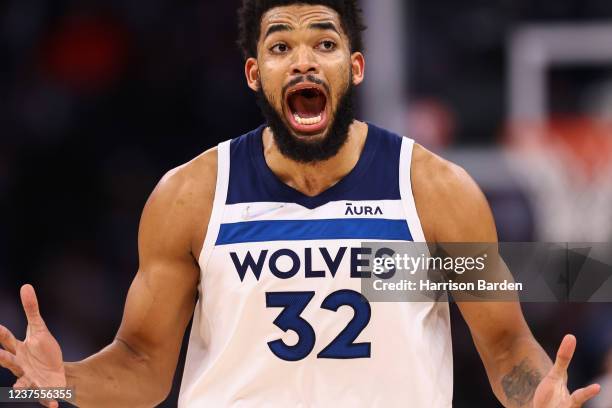 Karl-Anthony Towns of the Minnesota Timberwolves reacts after being called for a foul in the fourth quarter against the Oklahoma City Thunder at...