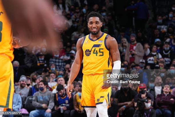 Donovan Mitchell of the Utah Jazz smiles during a game against the Denver Nuggets on January 5, 2022 at the Ball Arena in Denver, Colorado. NOTE TO...