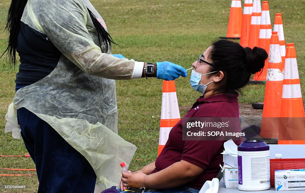A health care worker collects swab sample from a woman at a...