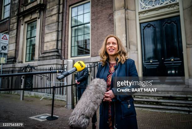 Dutch intended Minister for Poverty Policy, Participation and Pensions, Carola Schouten, speaks to the press as she is received in the Logement Dutch...