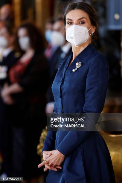 Spain's Queen Letizia takes part in the 'Pascua Militar' ceremony during the New Year military parade and celebrations at the Royal Palace in Madrid...