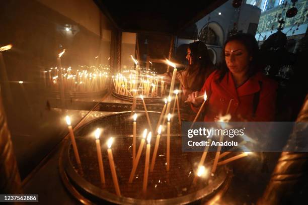 People take part in the Christmas celebrations in Bethlehem, West Bank on January 06, 2022. Domestic and foreign visitors gather around the Church of...