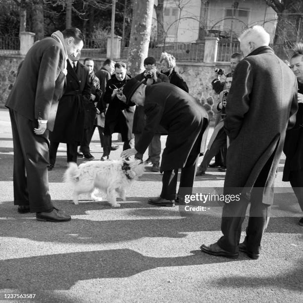 The head of the French delegation and Minister of State in charge of Algerian Affairs Louis Joxe strokes the white dog of the Hôtel du Parc on March...