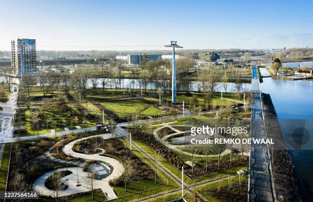 This aerial view shows the Floriade site in Almere, Netherlands on January 6, 2022 - Floriade Expo 2022 is a Dutch horticultural exposition to be...