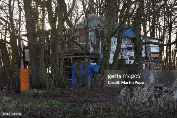 The main camp building in Bluebell Wood on January 5, 2022 in Swynnerton, England. Since Stop HS2 activists have lost control of other woodland camps...