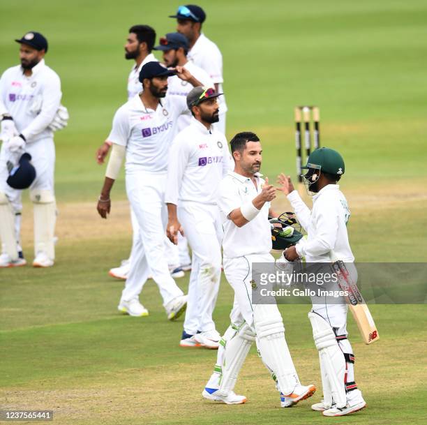 Dean Elgar of the Proteas celebrates the win with Temba Bavuma of the Proteas during day 4 of the 2nd Betway WTC Test match between South Africa and...