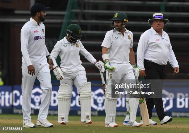 Dean Elgar of South Africa and KL Rahul of India during day 4 of the 2nd Betway WTC Test match between South Africa and India at Imperial Wanderers...