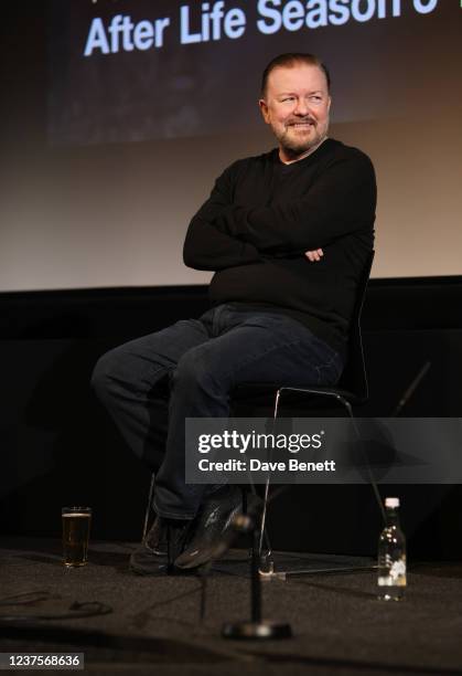 Ricky Gervais speaks onstage at the Season 3 Premiere of Netflix's "After Life" at the BFI Southbank on January 6, 2022 in London, England.