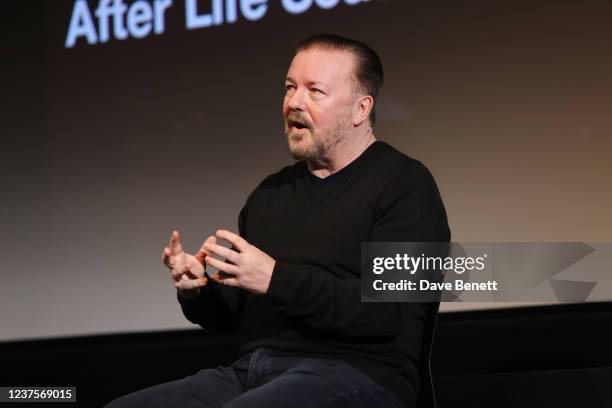 Ricky Gervais speaks onstage at the Season 3 Premiere of Netflix's "After Life" at the BFI Southbank on January 6, 2022 in London, England.