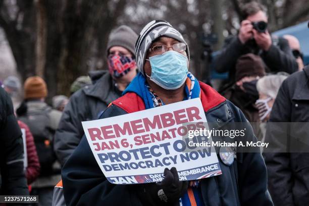 Demonstrators gather outside of the U.S. Capitol on January 6, 2022 in Washington, DC. One year ago, supporters of President Donald Trump attacked...