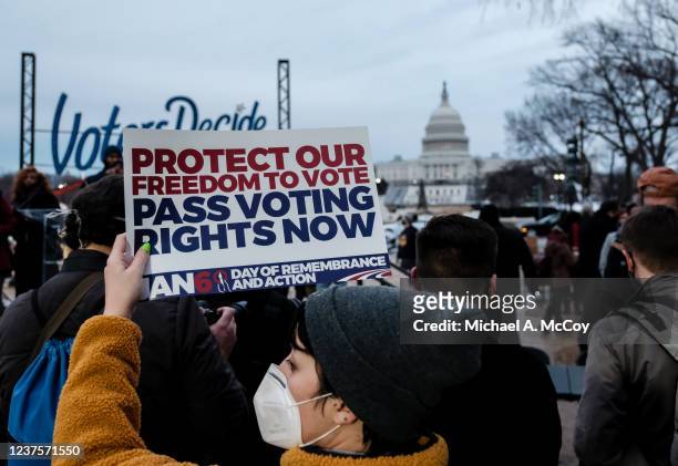 Demonstrators gather outside of the U.S. Capitol on January 6, 2022 in Washington, DC. One year ago, supporters of President Donald Trump attacked...