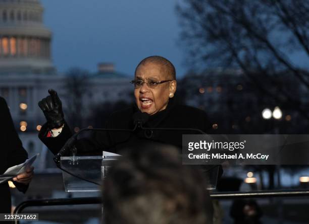Del. Eleanor Holmes Rosevelt speaks at a rally outside of the U.S. Capitol on January 6, 2022 in Washington, DC. One year ago, supporters of...