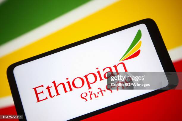 In this photo illustration, Ethiopian Airlines logo seen displayed on a smartphone screen.