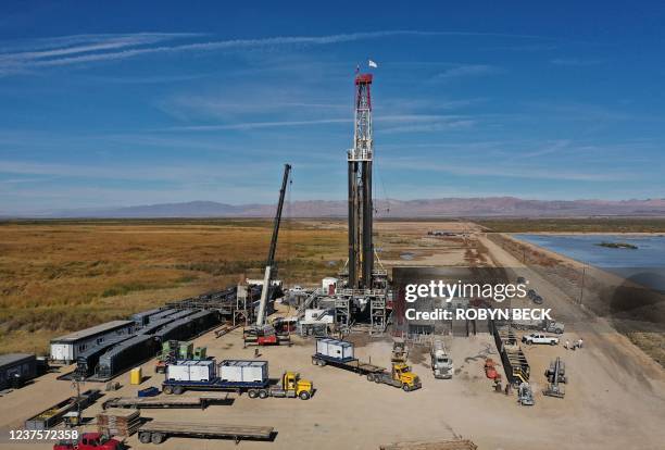 This aerial view shows the Controlled Thermal Resources drilling rig in Calipatria, California, December 15, 2021. - Hollywood's jetset once crowded...