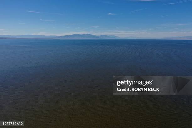 This aerial view shows the Salton Sea near Calipatria, California, December 15, 2021. - Hollywood's jetset once crowded the shores of the Salton Sea,...