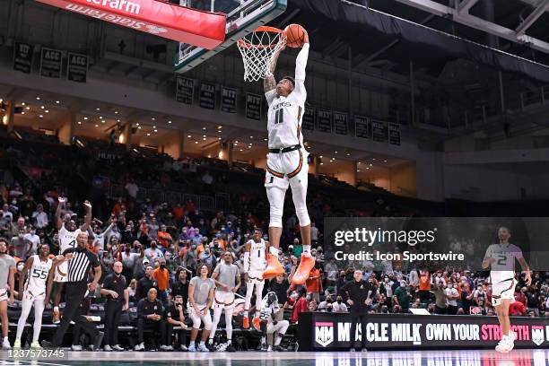 Miami guard Jordan Miller dunks the ball late in the game as the University of Miami Hurricanes faced the Syracuse University Orange on January 5 at...