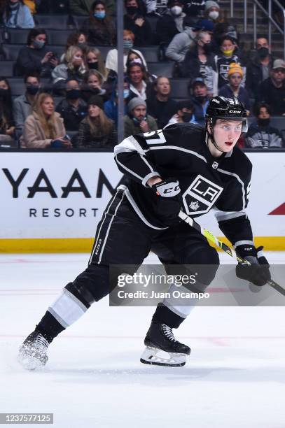 Jacob Moverare of the Los Angeles Kings skates on the ice during his first NHL game during the second period against the Nashville Predators at...
