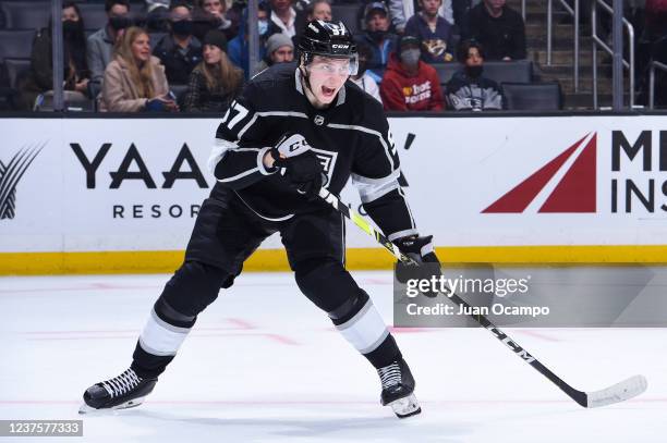 Jacob Moverare of the Los Angeles Kings skates on the ice during his first NHL game during the second period against the Nashville Predators at...